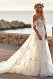 White Tulle Off the Shoulder Sweep Train Boho Wedding Dress with Appliques
