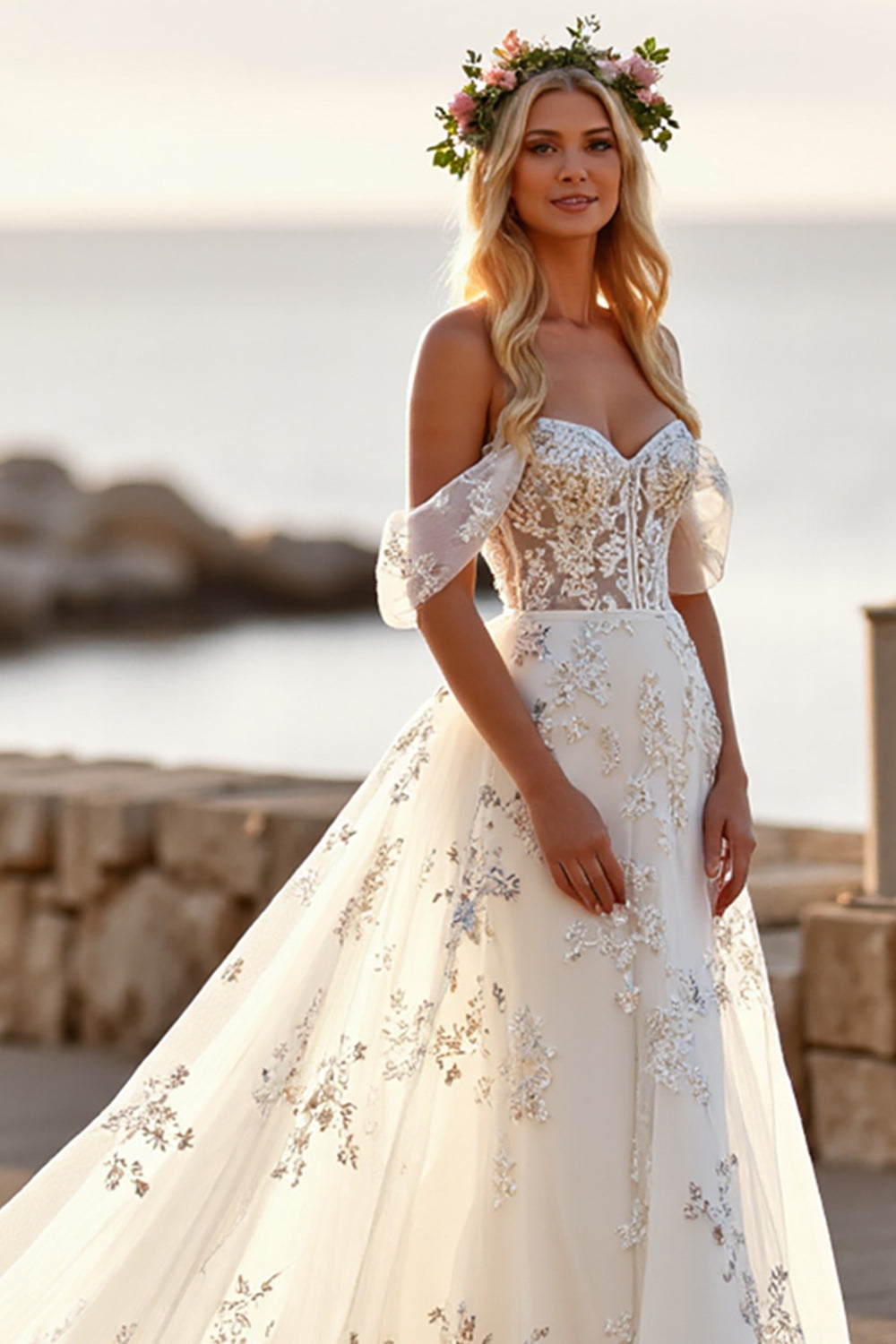 White Tulle Off the Shoulder Sweep Train Boho Wedding Dress with Appliques