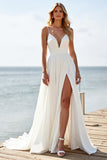 White Chiffon Spaghetti Straps Boho Sweep Train Wedding Dress with Slit