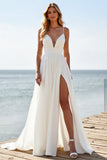 White Chiffon Spaghetti Straps Boho Sweep Train Wedding Dress with Slit