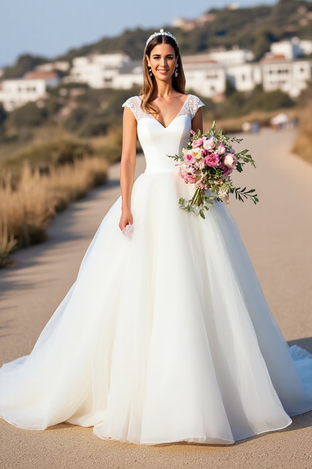 White V-Neck Ball Gown Cap Sleeves Sweep Train Wedding Dress with Lace