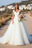 White V-Neck Ball Gown Cap Sleeves Sweep Train Wedding Dress with Lace