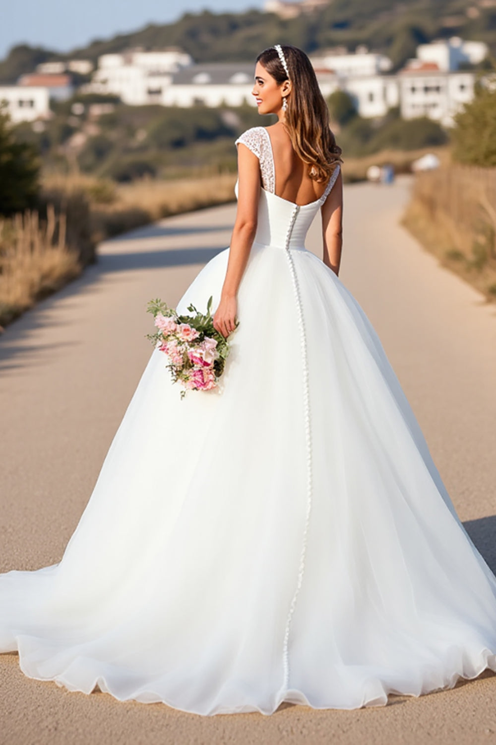 White V-Neck Ball Gown Cap Sleeves Sweep Train Wedding Dress with Lace