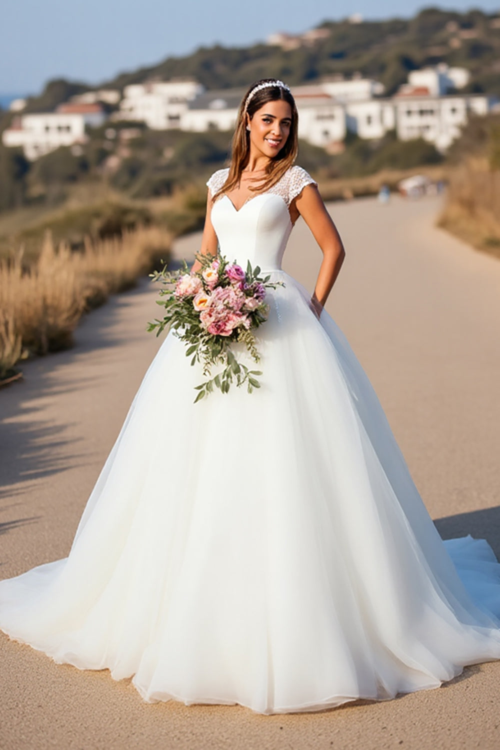 White V-Neck Ball Gown Cap Sleeves Sweep Train Wedding Dress with Lace