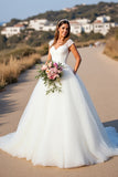 White V-Neck Ball Gown Cap Sleeves Sweep Train Wedding Dress with Lace
