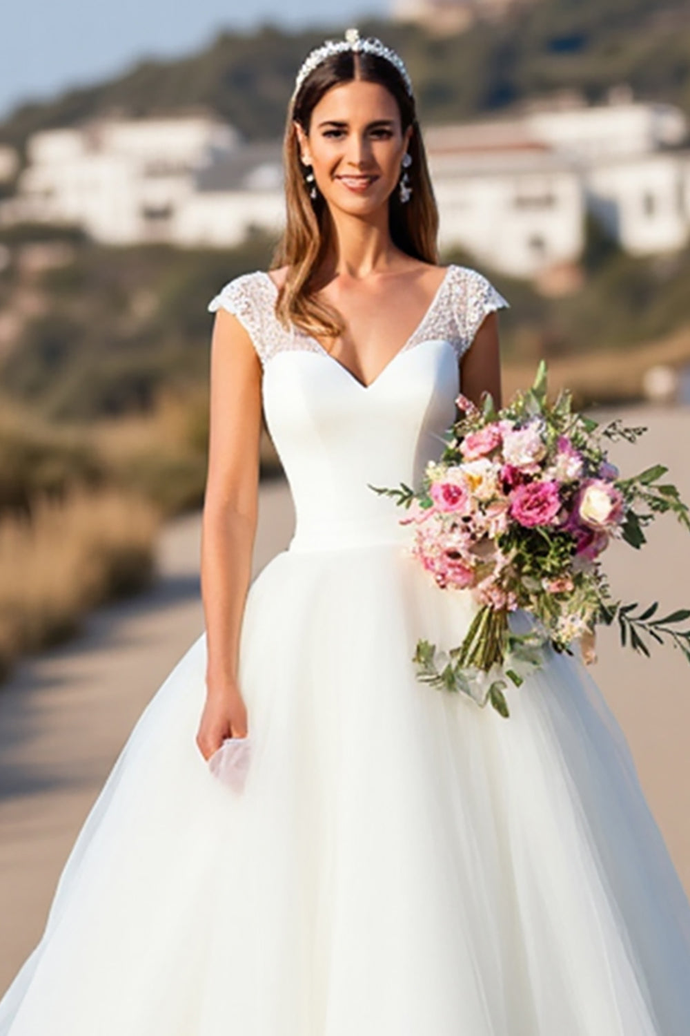 White V-Neck Ball Gown Cap Sleeves Sweep Train Wedding Dress with Lace