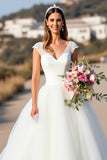 White V-Neck Ball Gown Cap Sleeves Sweep Train Wedding Dress with Lace