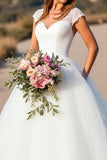 White V-Neck Ball Gown Cap Sleeves Sweep Train Wedding Dress with Lace