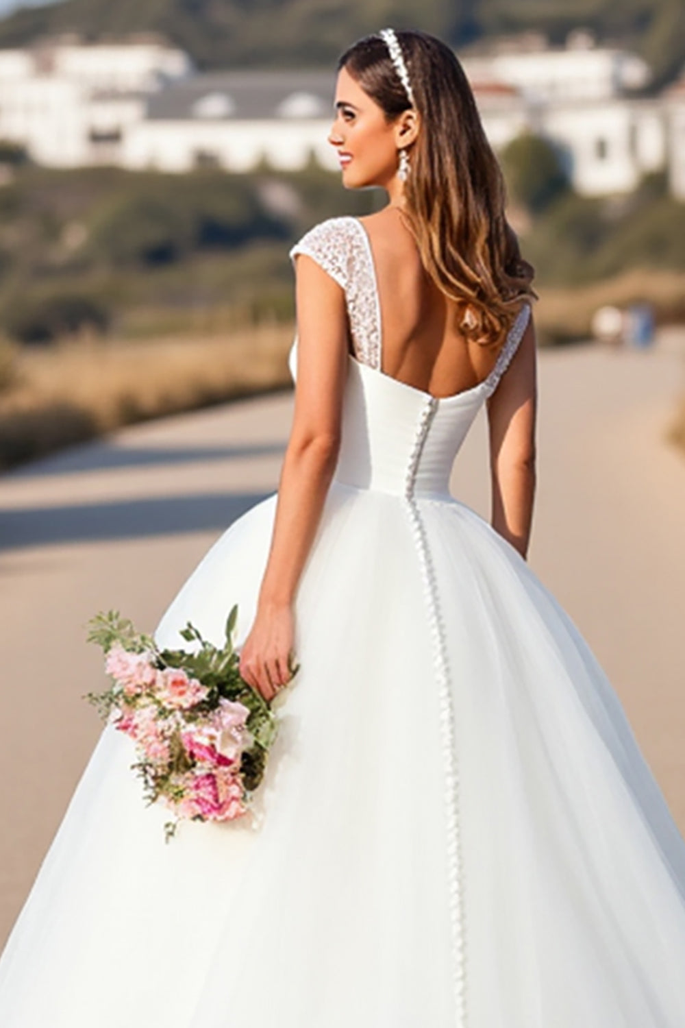 White V-Neck Ball Gown Cap Sleeves Sweep Train Wedding Dress with Lace