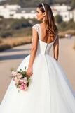 White V-Neck Ball Gown Cap Sleeves Sweep Train Wedding Dress with Lace