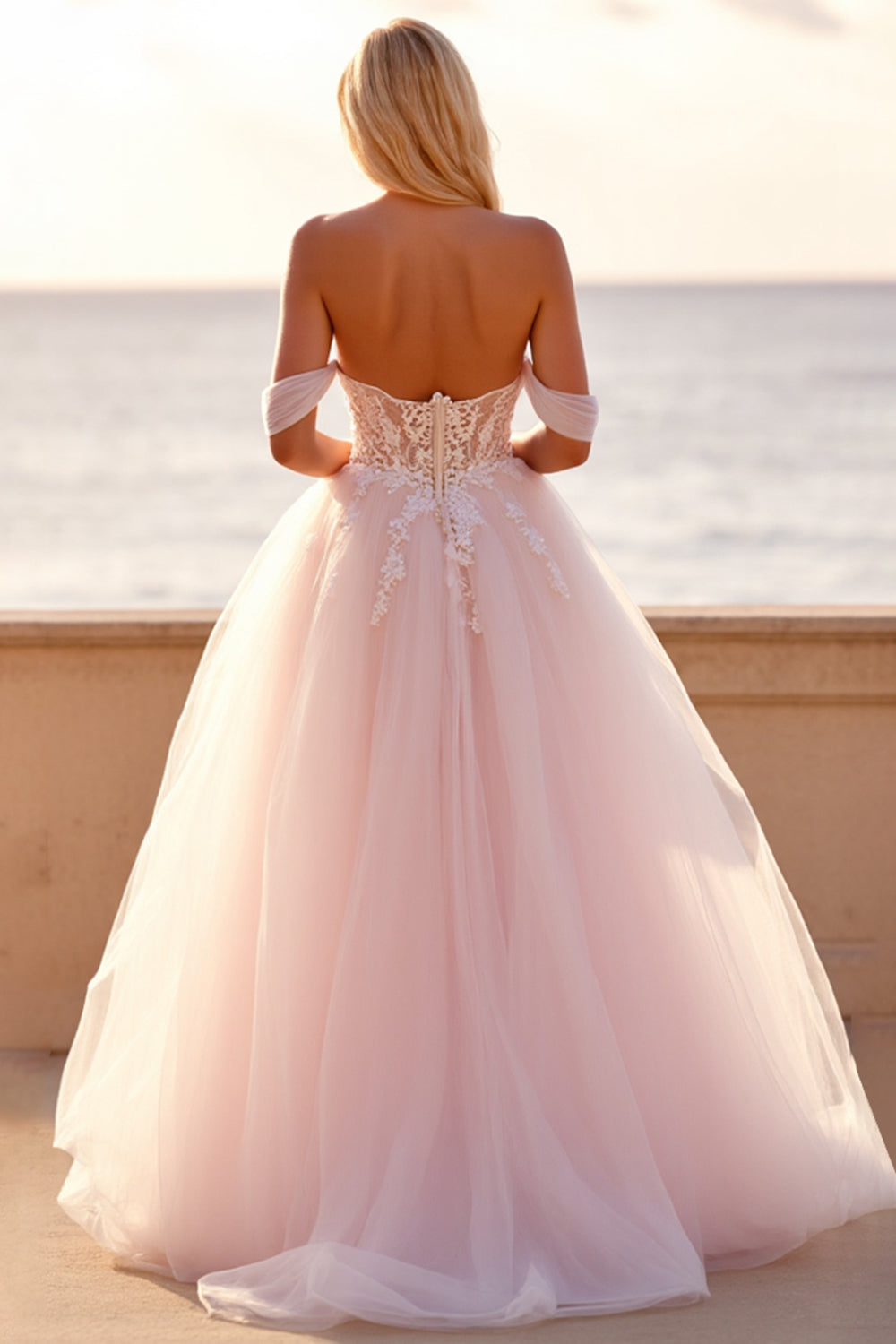 Blush Off the Shoulder Tulle Sweep Train Boho Wedding Dress with Appliques