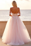 Blush Off the Shoulder Tulle Sweep Train Boho Wedding Dress with Appliques