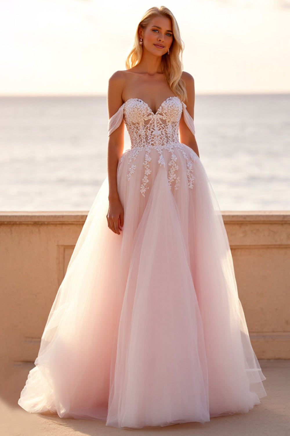 Blush Off the Shoulder Tulle Sweep Train Boho Wedding Dress with Appliques
