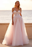 Blush Off the Shoulder Tulle Sweep Train Boho Wedding Dress with Appliques