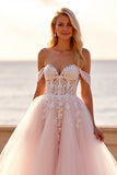 Blush Off the Shoulder Tulle Sweep Train Boho Wedding Dress with Appliques