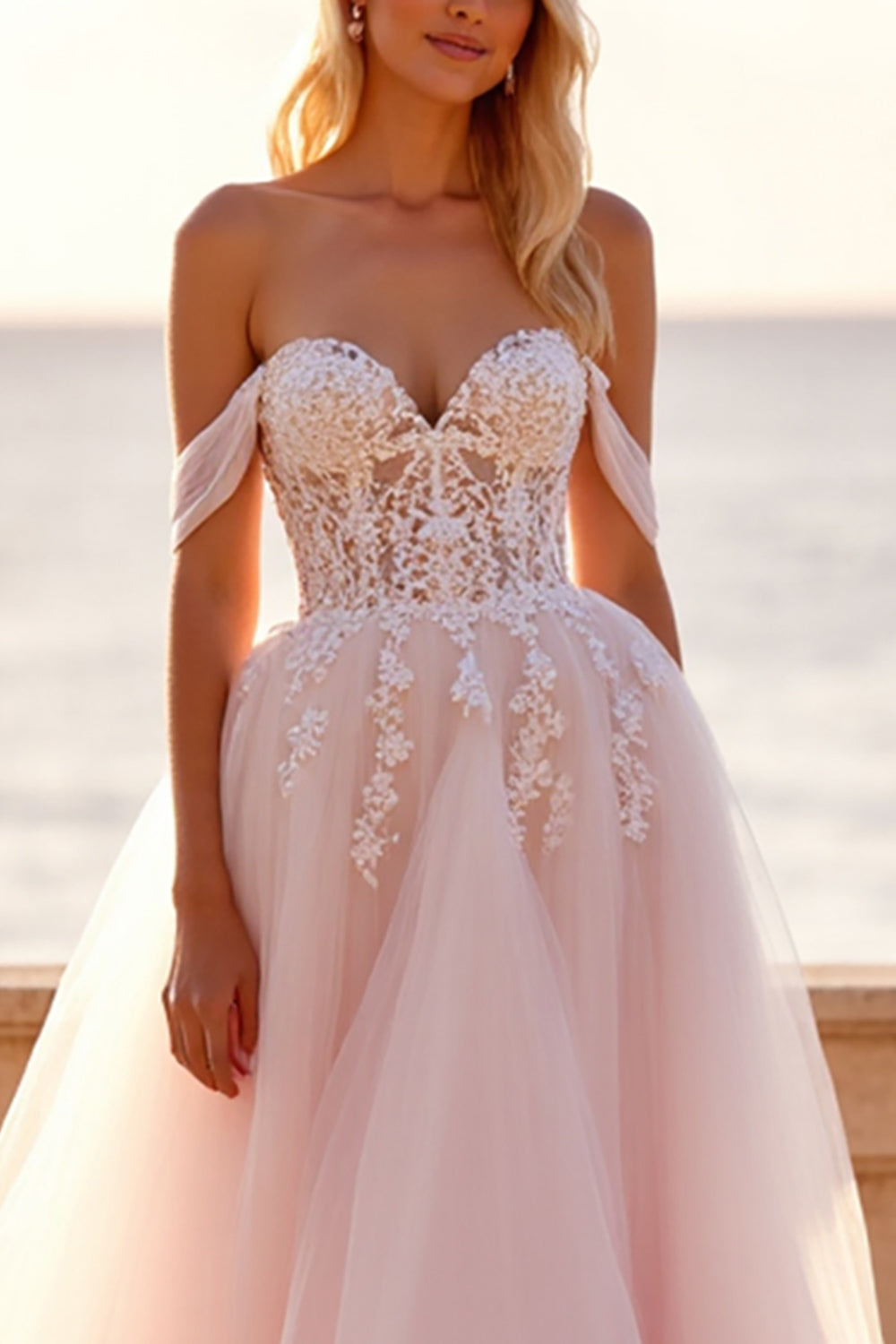 Blush Off the Shoulder Tulle Sweep Train Boho Wedding Dress with Appliques