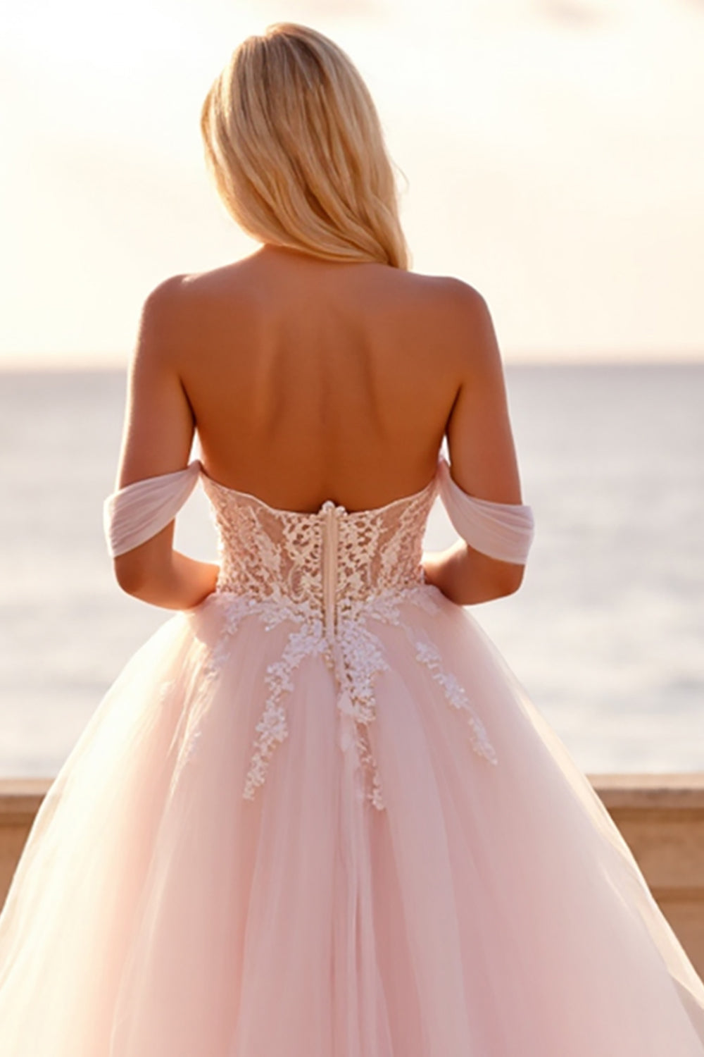 Blush Off the Shoulder Tulle Sweep Train Boho Wedding Dress with Appliques