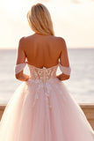 Blush Off the Shoulder Tulle Sweep Train Boho Wedding Dress with Appliques