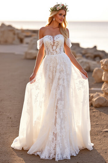 White Lace Off the Shoulder Sweep Train Boho Wedding Dress
