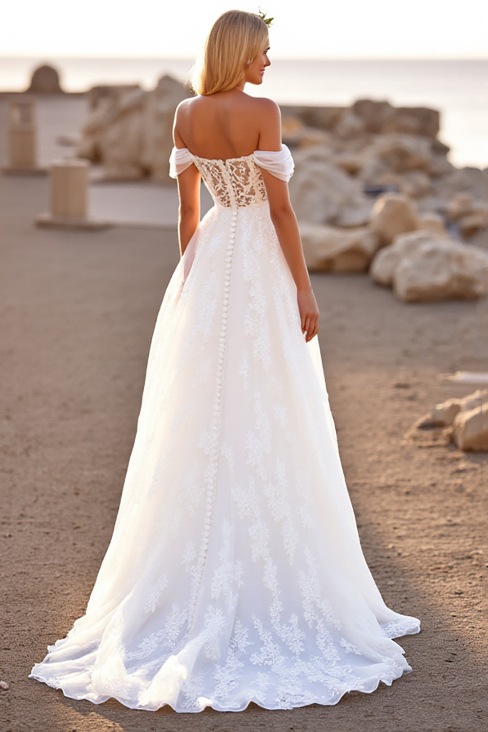 White Lace Off the Shoulder Sweep Train Boho Wedding Dress