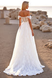 White Lace Off the Shoulder Sweep Train Boho Wedding Dress