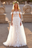 White Lace Off the Shoulder Sweep Train Boho Wedding Dress