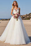White Tulle A Line Floral Boho Sweep Train Wedding Dress
