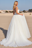 White Tulle A Line Floral Boho Sweep Train Wedding Dress