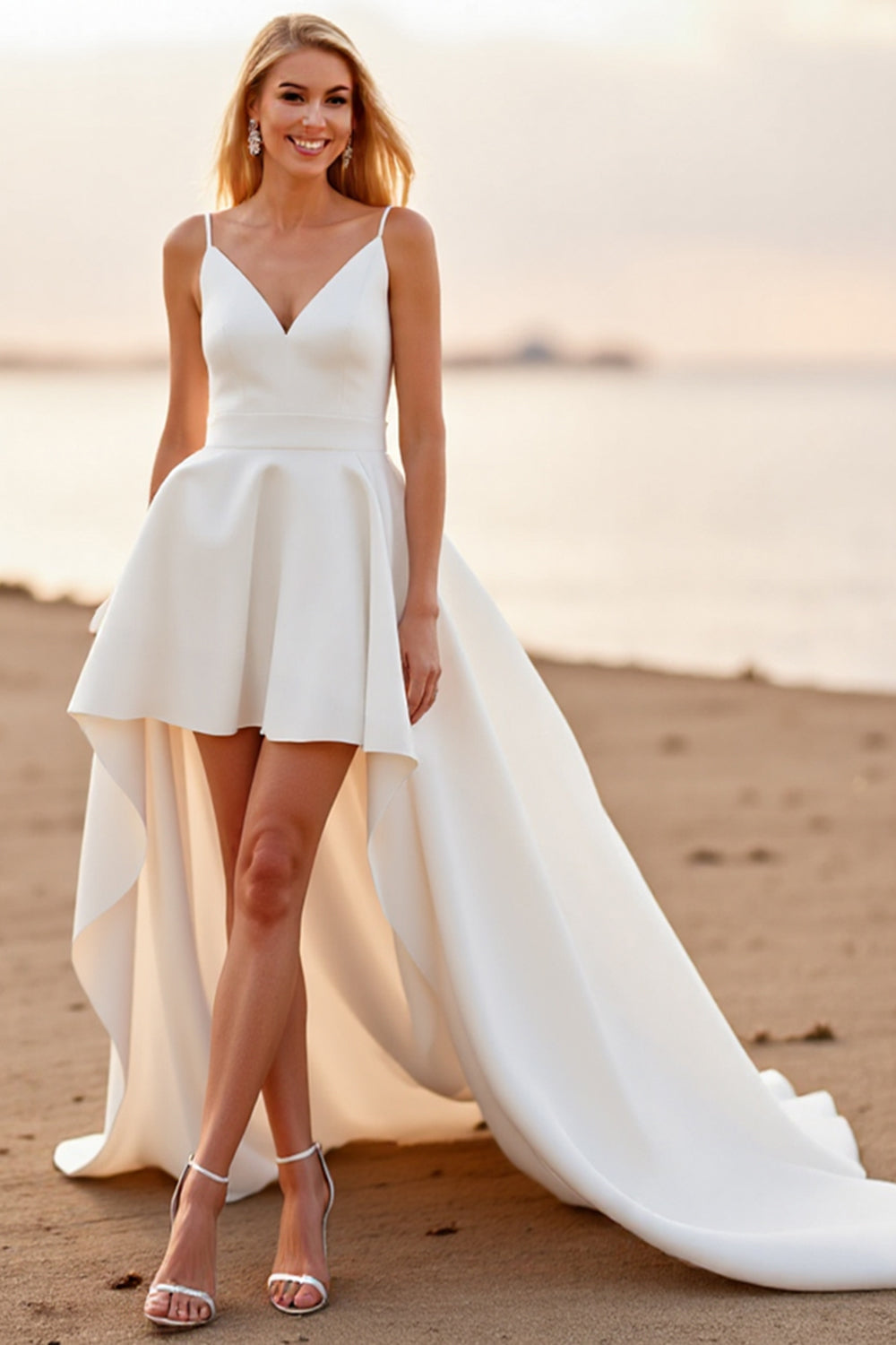 White A Line V-Neck High-Low Boho Wedding Dress