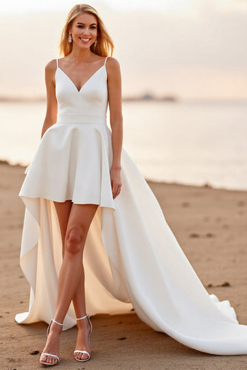 White A Line V-Neck High-Low Boho Wedding Dress
