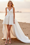 White A Line V-Neck High-Low Boho Wedding Dress