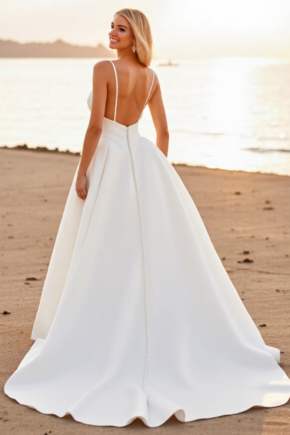 White A Line V-Neck High-Low Boho Wedding Dress