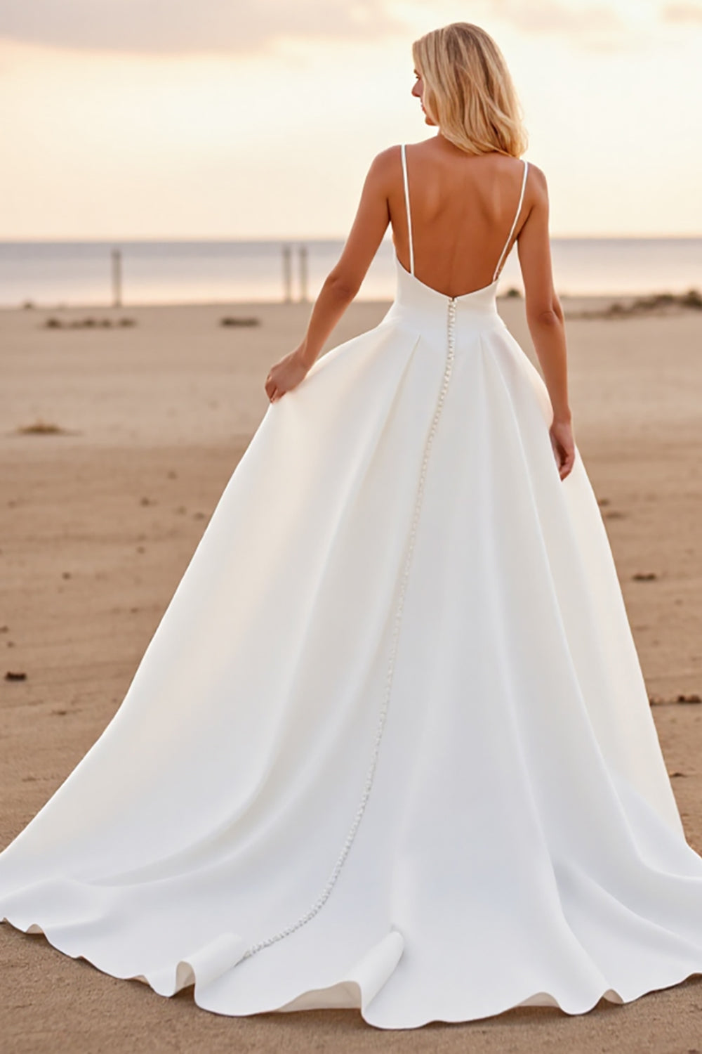 White A Line V-Neck High-Low Boho Wedding Dress