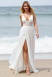 White Chiffon A Line V-Neck Sweep Train Boho Wedding Dress with Slit
