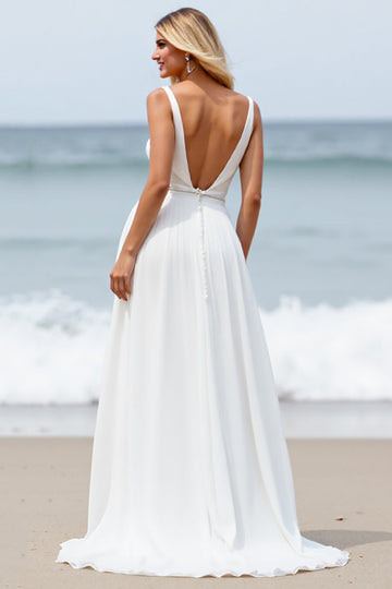White Chiffon A Line V-Neck Sweep Train Boho Wedding Dress with Slit
