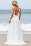 White Chiffon A Line V-Neck Sweep Train Boho Wedding Dress with Slit