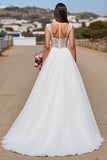 White Tulle A Line Boho Sweep Train Wedding Dress with Lace