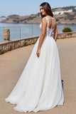 White Tulle A Line Boho Sweep Train Wedding Dress with Lace