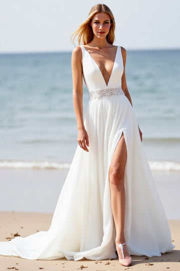 White Chiffon V Neck Sweep Train Boho Wedding Dress with Slit