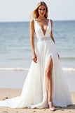 White Chiffon V Neck Sweep Train Boho Wedding Dress with Slit