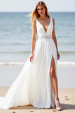 White Chiffon V Neck Sweep Train Boho Wedding Dress with Slit