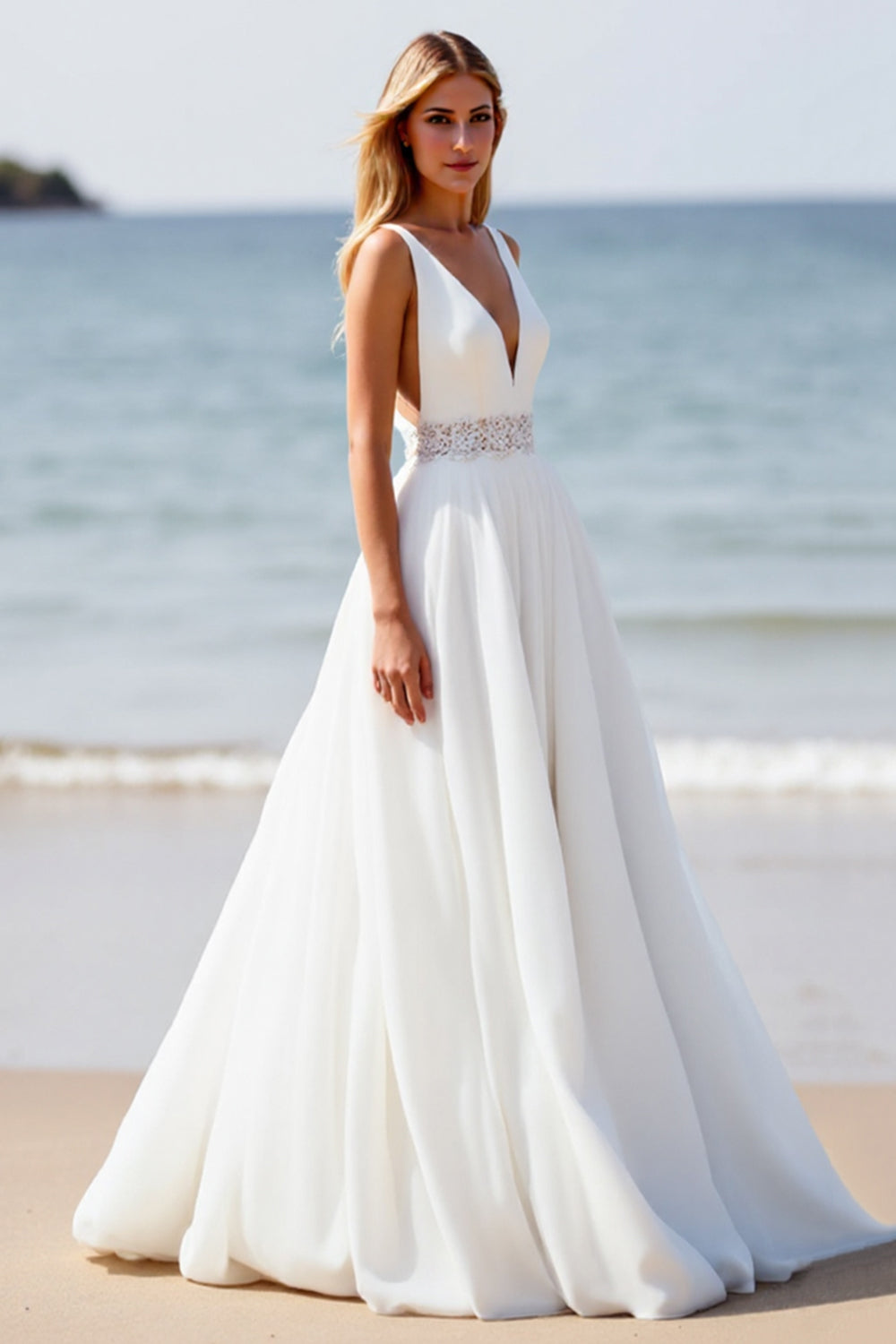 White Chiffon V Neck Sweep Train Boho Wedding Dress with Slit