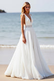 White Chiffon V Neck Sweep Train Boho Wedding Dress with Slit