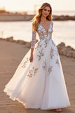 White Tulle Floral A Line Floor Length 3/4 Sleeves Boho Wedding Dress