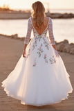 White Tulle Floral A Line Floor Length 3/4 Sleeves Boho Wedding Dress