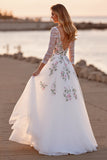 White Tulle Floral A Line Floor Length 3/4 Sleeves Boho Wedding Dress