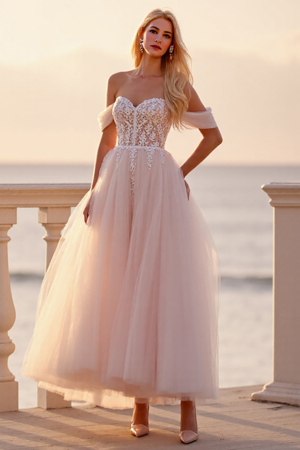 Blush Tulle A Line Boho Maxi Wedding Dress with Appliques