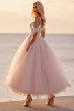 Blush Tulle A Line Boho Maxi Wedding Dress with Appliques