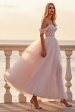 Blush Tulle A Line Boho Maxi Wedding Dress with Appliques