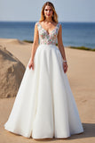 White V-Neck A Line Sweep Train Floral Boho Wedding Dress